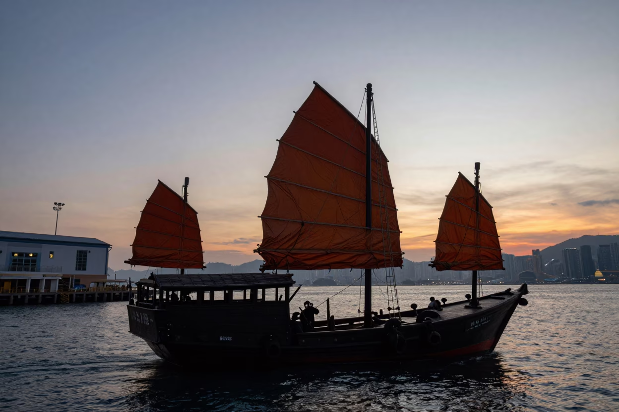 Hong Kong Junk Boat at First Light Dawn Harbor Substation Busbars in in Hong Kong, Hong Kong
