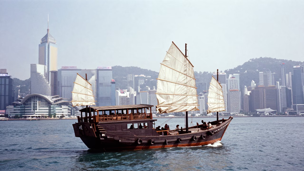 Hong Kong Junk Boat Harbor Noon Flat Glare Realistic Street Scene in in Hong Kong, Hong Kong