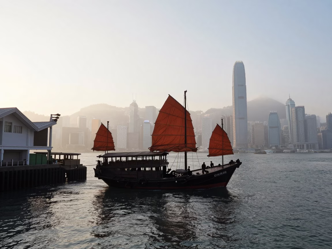 Hong Kong Junk Boat Harbor Sunrise Street Scene with Local Life in in Hong Kong, Hong Kong
