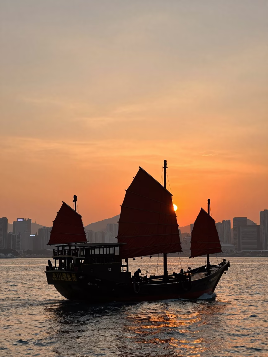 Hong Kong Junk Boat Silhouette Against Golden Hour Sunset Skyline in in Hong Kong, Hong Kong