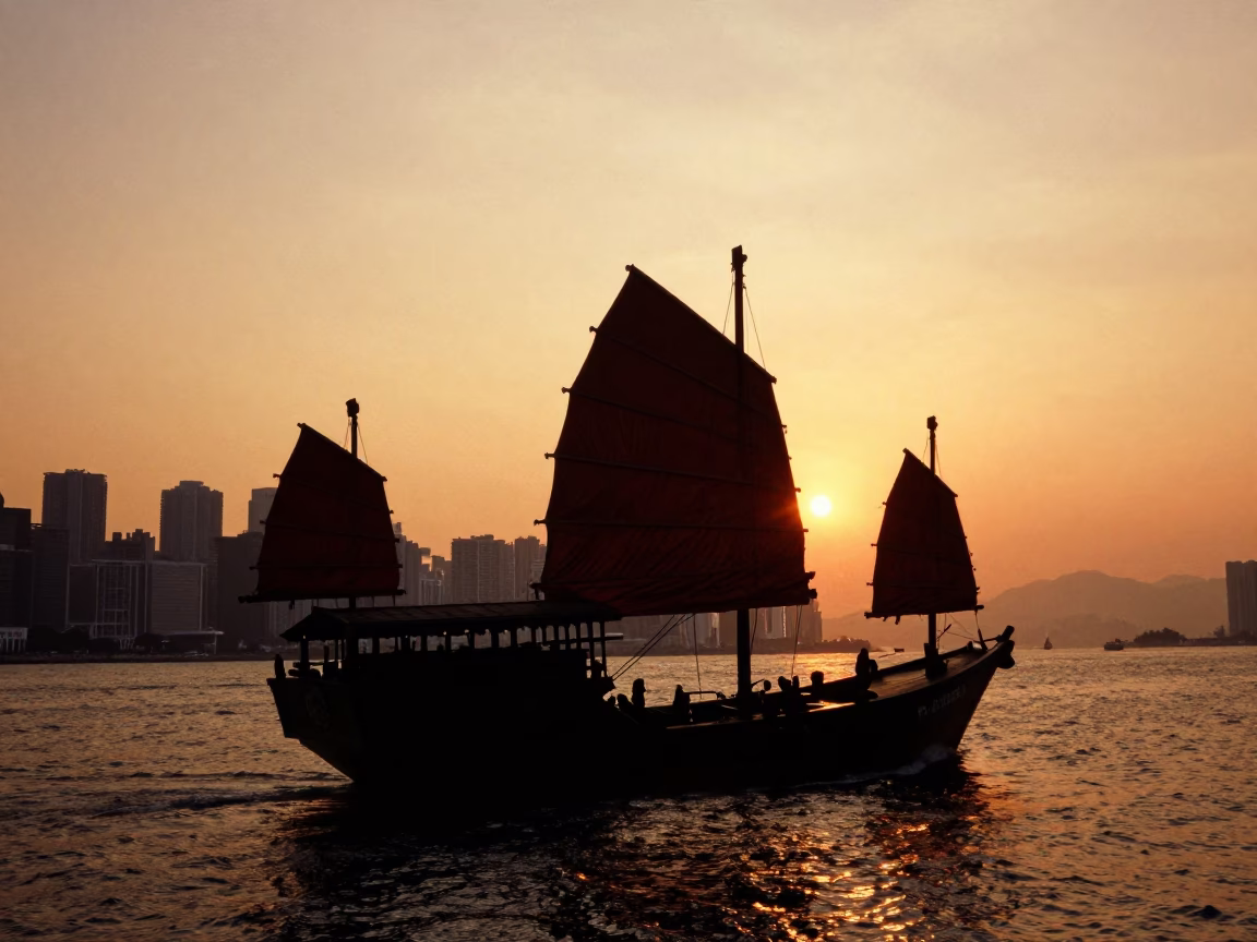 Hong Kong Junk Boat Silhouette Against Honeyed Sunset Skyline in in Hong Kong, Hong Kong