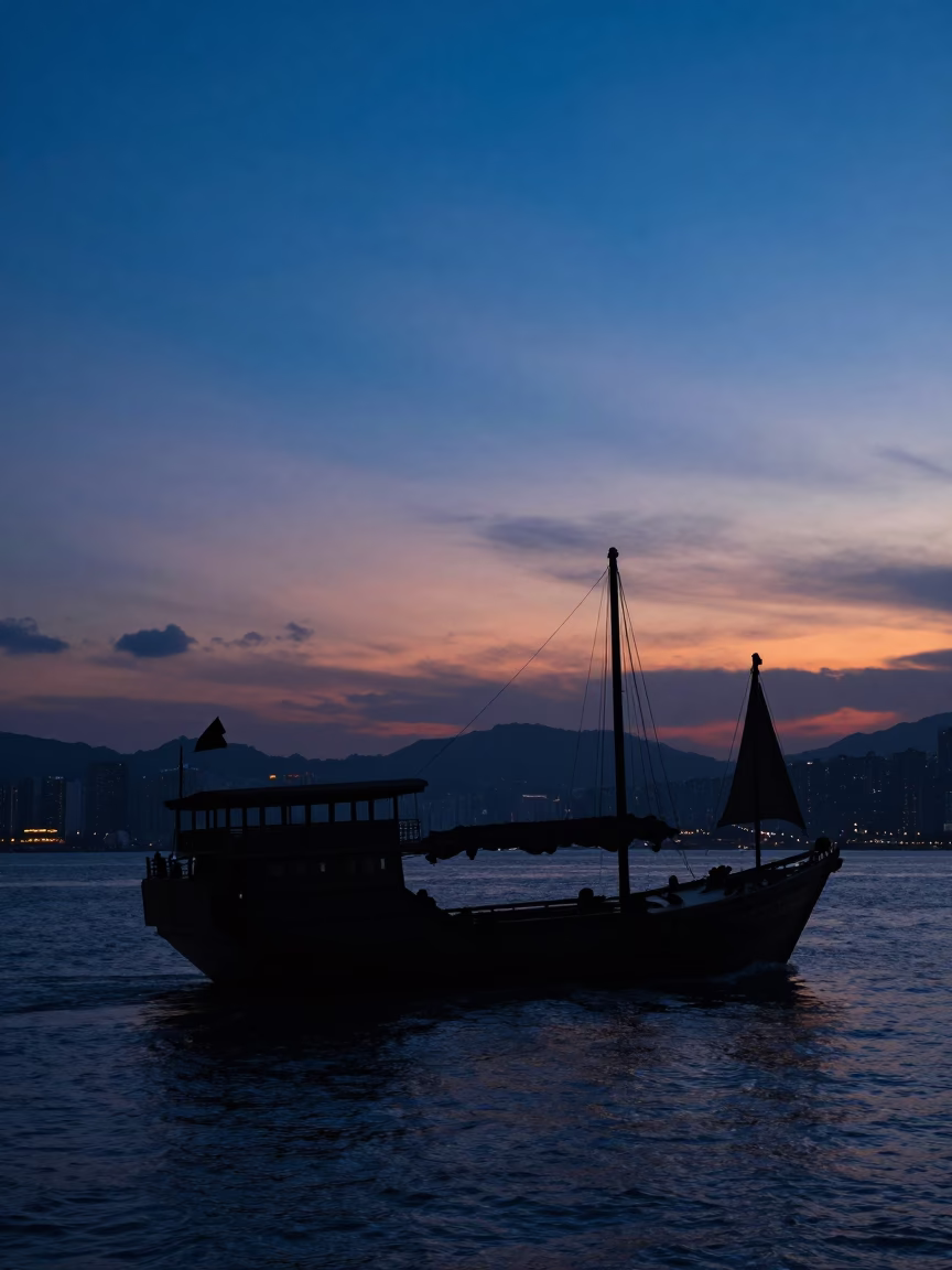 Hong Kong Junk Boat Silhouette at Indigo Twilight with Vibrant Neon Reflections in in Hong Kong, Hong Kong