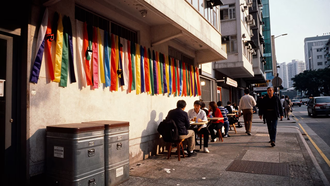 Hong Kong Late Afternoon Street Scene with Storage Tin and School Corridor Lockers in in Hong Kong, Hong Kong