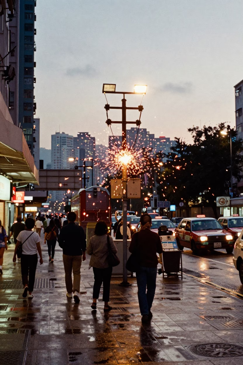 Hong Kong Late Afternoon Street Scene with Substation Insulators Sparkling Under Floodlights in in Hong Kong, Hong Kong