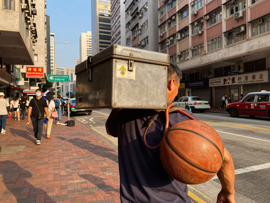 Hong Kong Late Afternoon Street Scene with Toolbox and Leather Basketball in in Hong Kong, Hong Kong