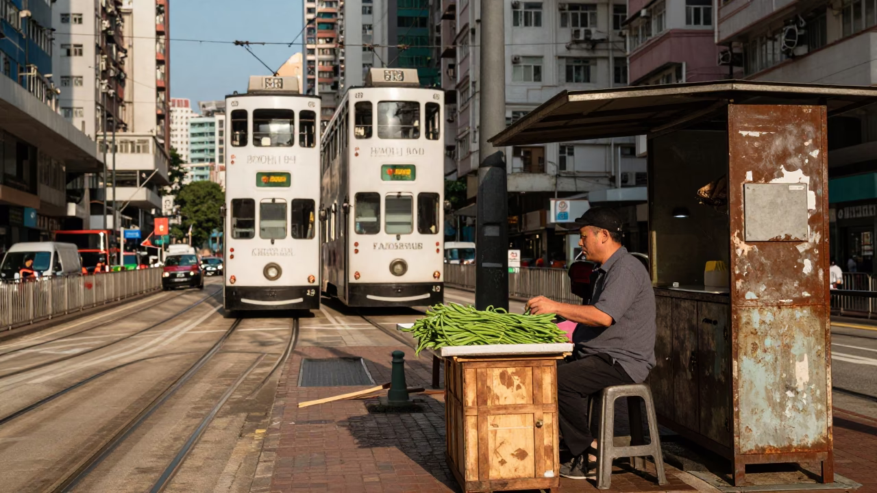 Hong Kong Late Afternoon Street Scene with Tramway and Urban Life in in Hong Kong, Hong Kong