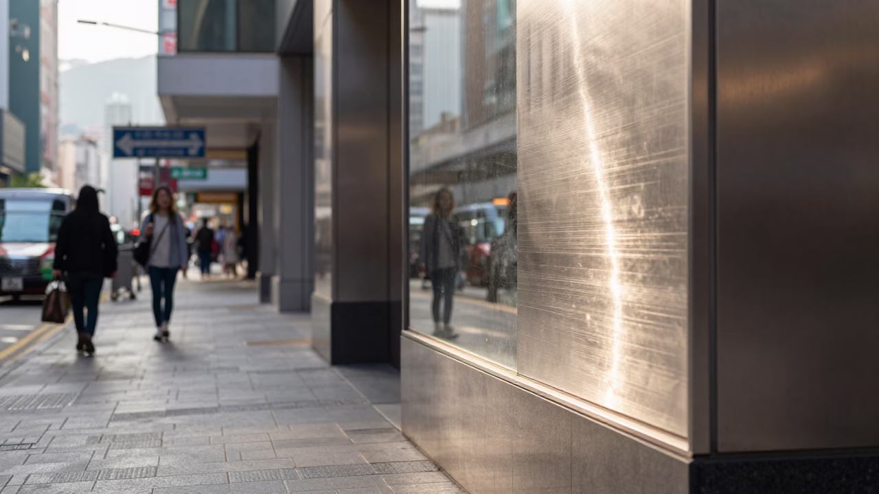 Hong Kong Late Morning Street Scene with Brushed Steel Mirror Edge and Urban Reflections in in Hong Kong, Hong Kong