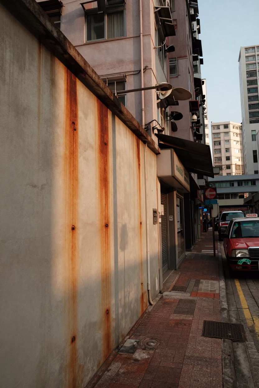 Hong Kong Late Morning Street Scene with Rusty Wall and Tablecloth Details in in Hong Kong, Hong Kong