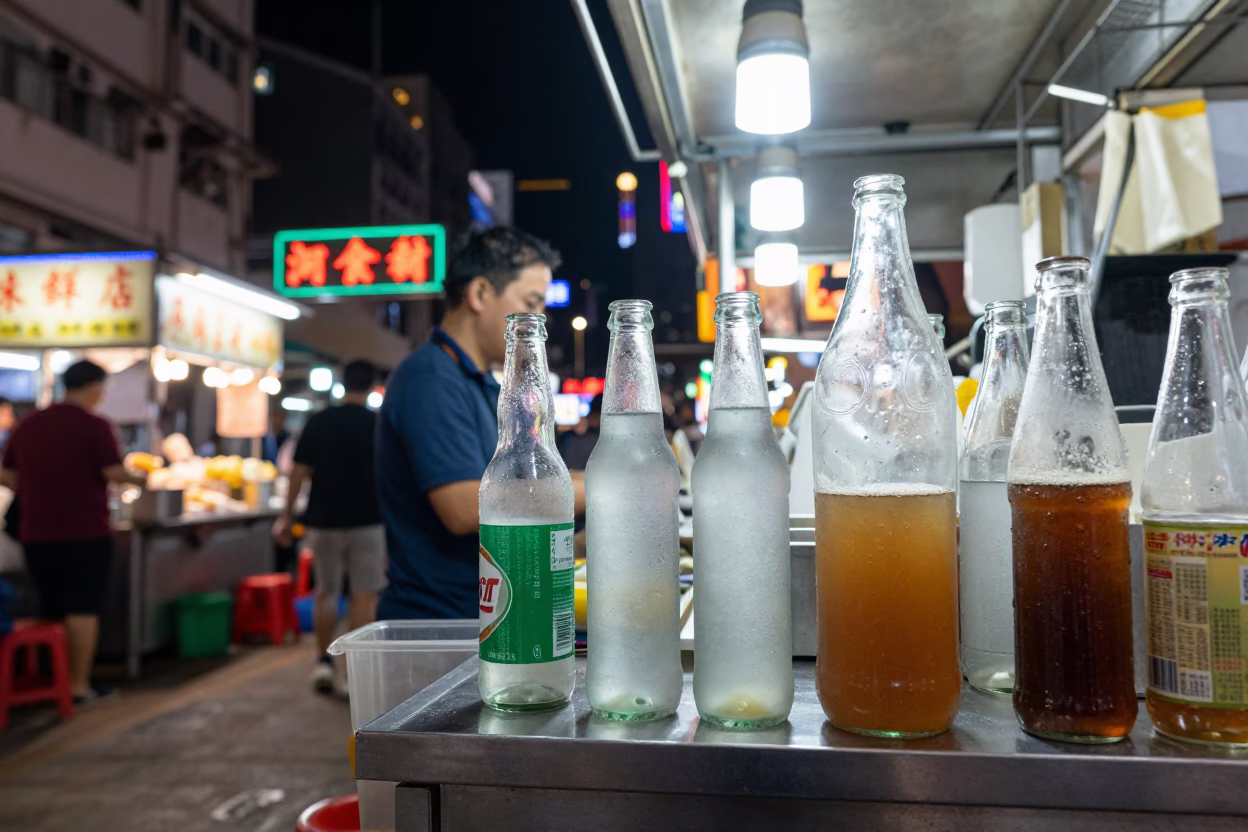Hong Kong Late Night Street Food Stall Condensation on Bottle Neck and Tool Hooks in in Hong Kong, Hong Kong