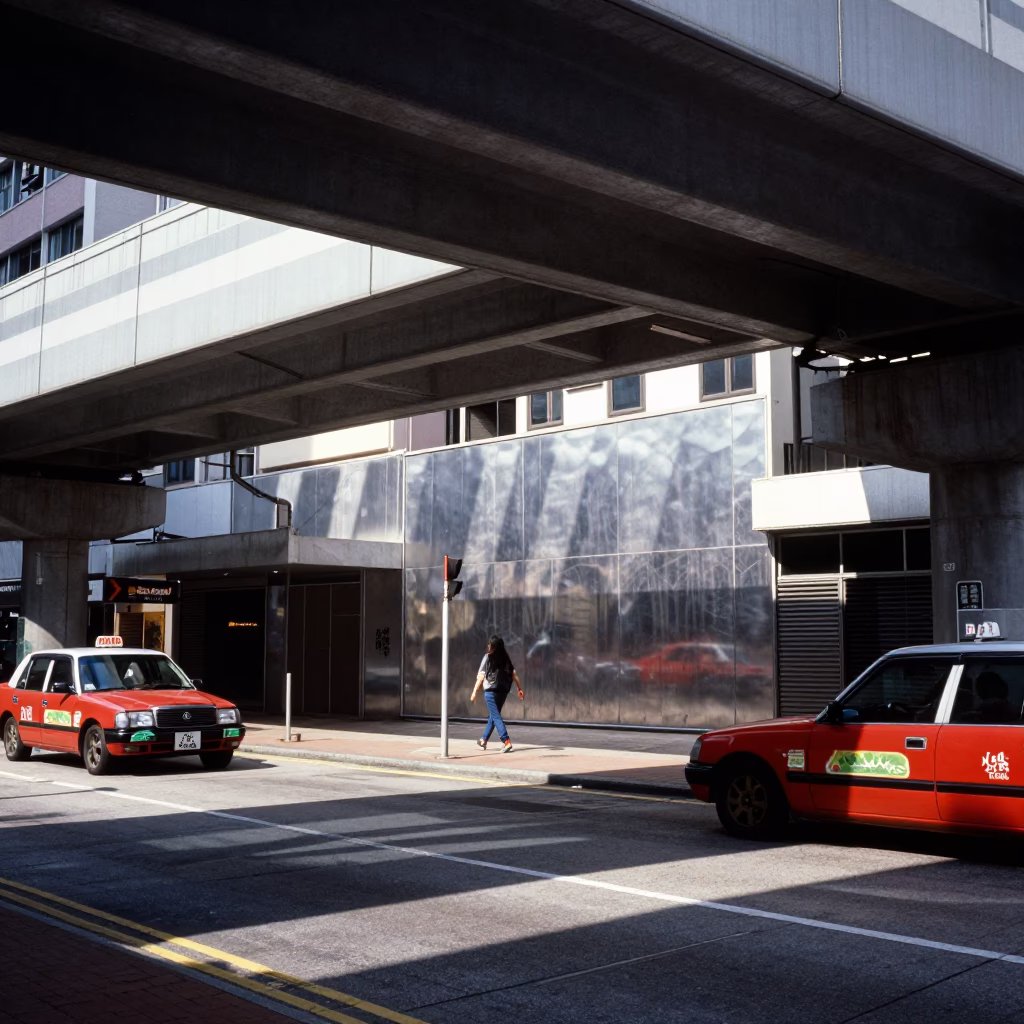 Hong Kong Midday Street Scene Under Striped Flyover Shadows with Brushed Steel Wall in in Hong Kong, Hong Kong