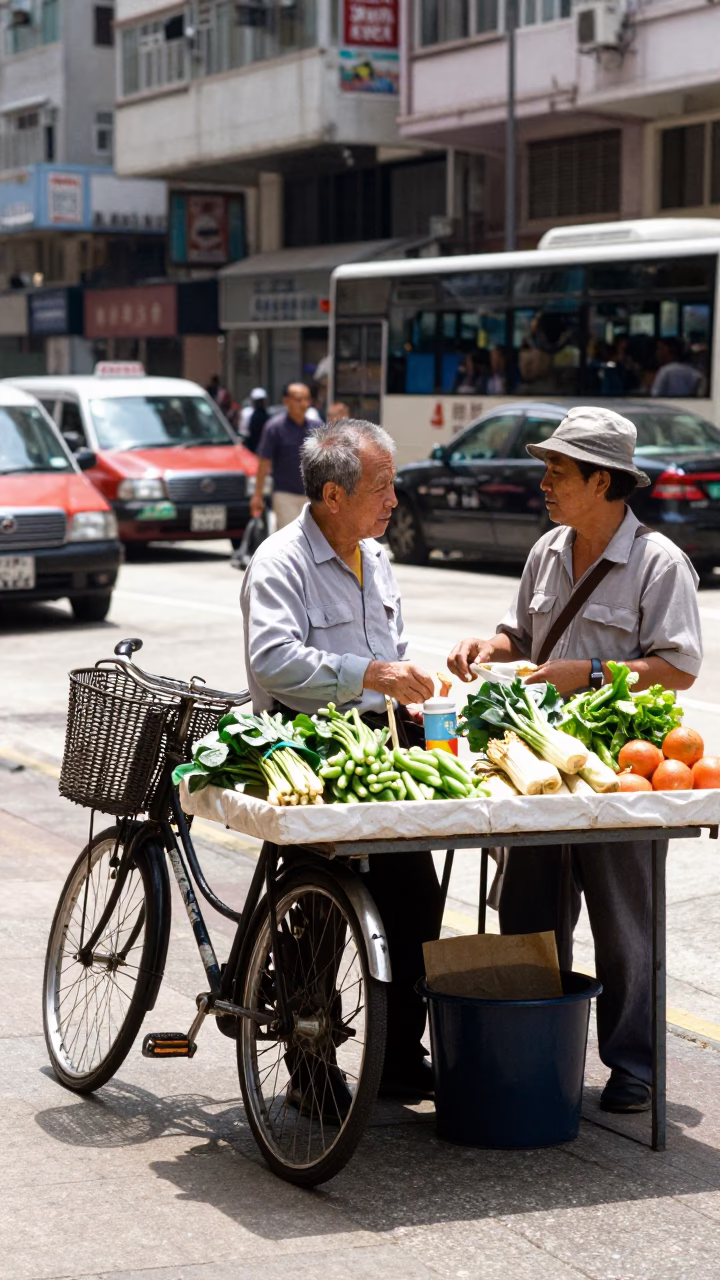 Hong Kong Midday Street Scene with Bicycle Basket and Glass Stool in in Hong Kong, Hong Kong