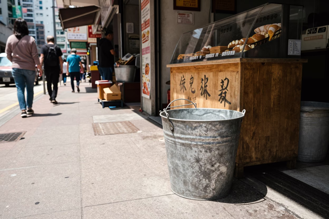 Hong Kong Midday Street Scene with Metal Bucket and Bakery Spindle Chair in in Hong Kong, Hong Kong