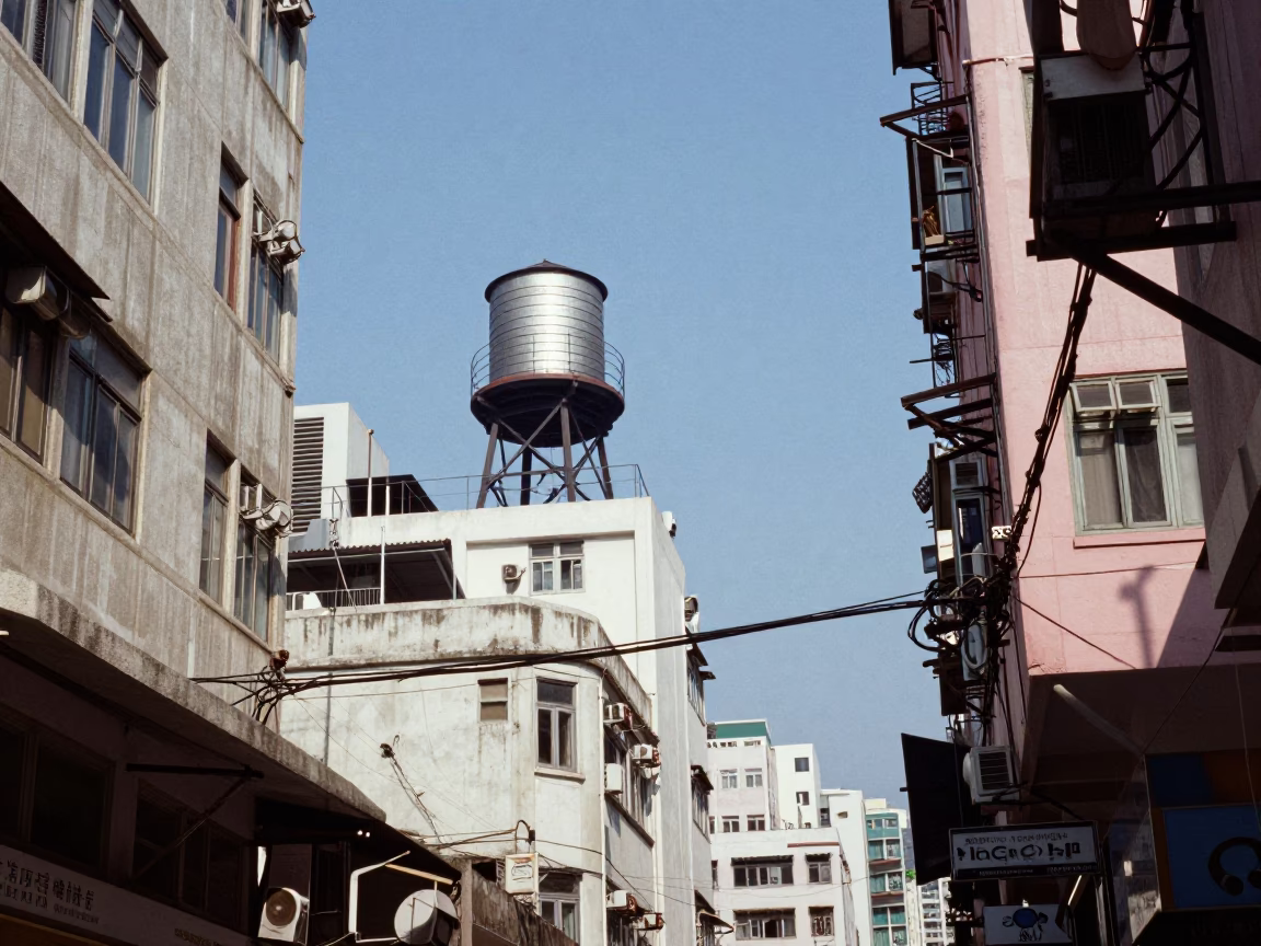 Hong Kong Midday Street Scene with Rooftop Water Tower and Urban Architecture in in Hong Kong, Hong Kong