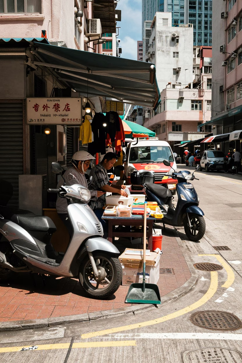 Hong Kong Midday Street Scene with Scooter and Local Market Details in in Hong Kong, Hong Kong