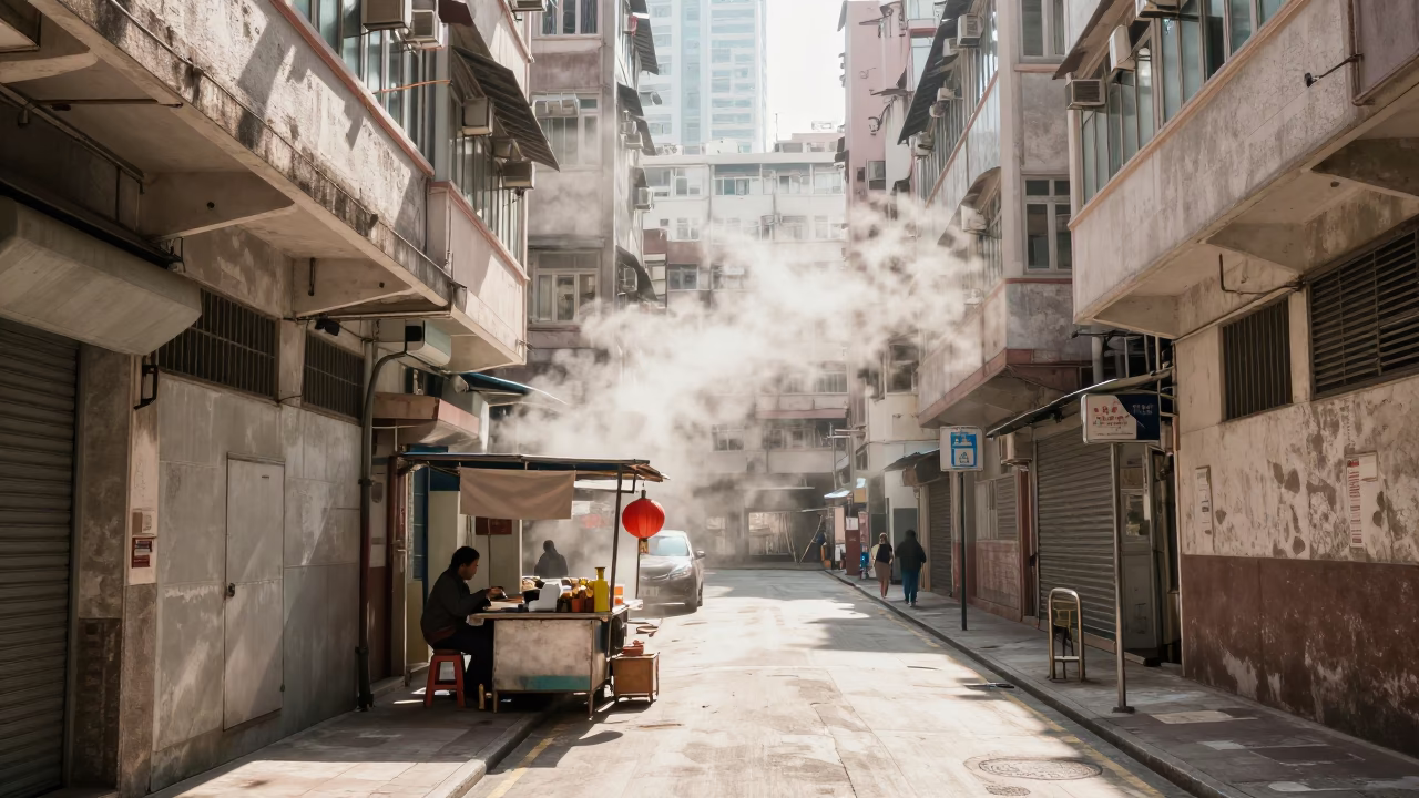 Hong Kong Midmorning Street Scene with Steam Haze and Latch Detail in in Hong Kong, Hong Kong