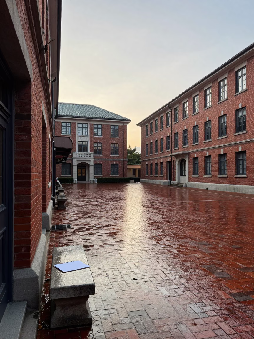 Hong Kong Morning Light Illuminating Wet Brick Campus Quad Between Traditional Buildings in in Hong Kong, Hong Kong