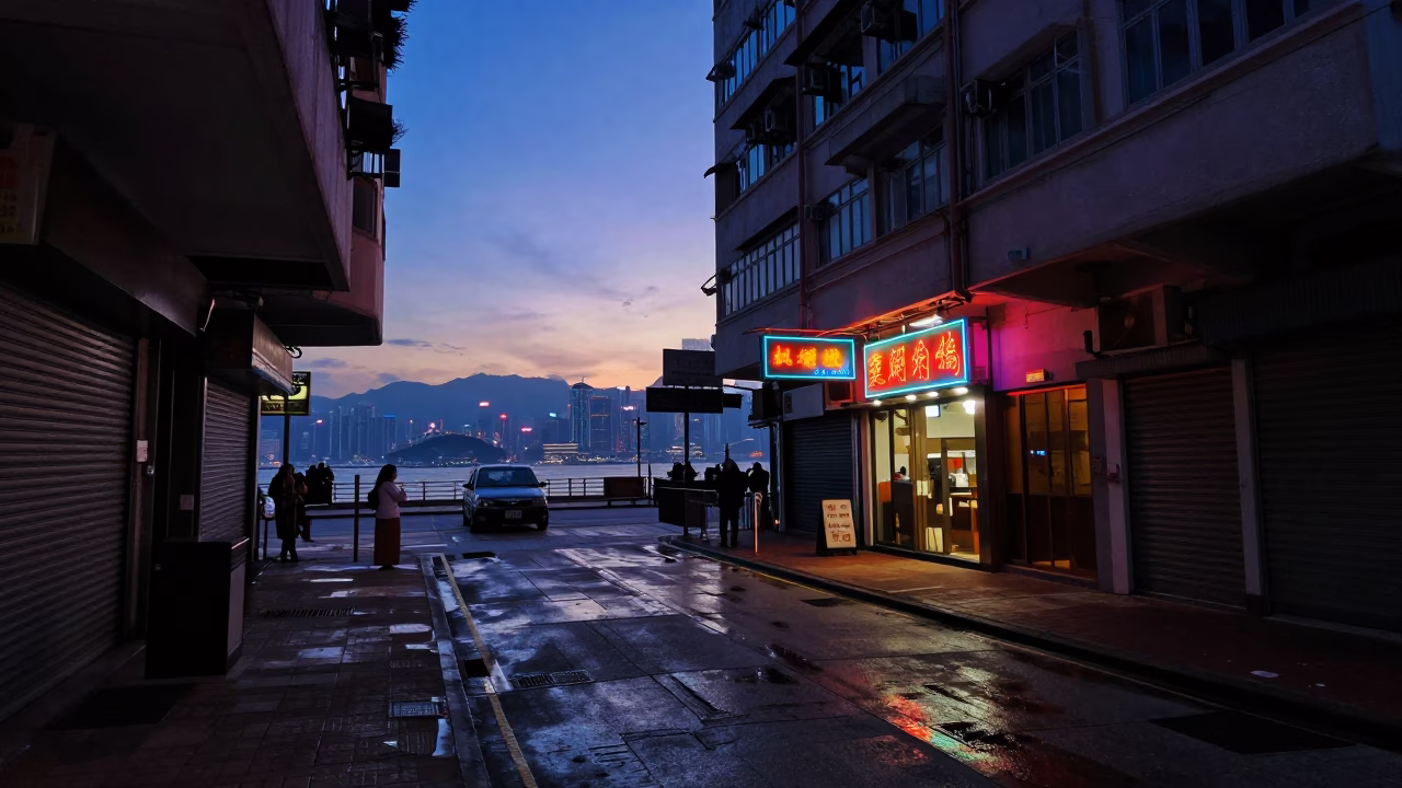 Hong Kong Morning Pre-Dawn Street Scene with Neon Lights and Wet Pavement in in Hong Kong, Hong Kong