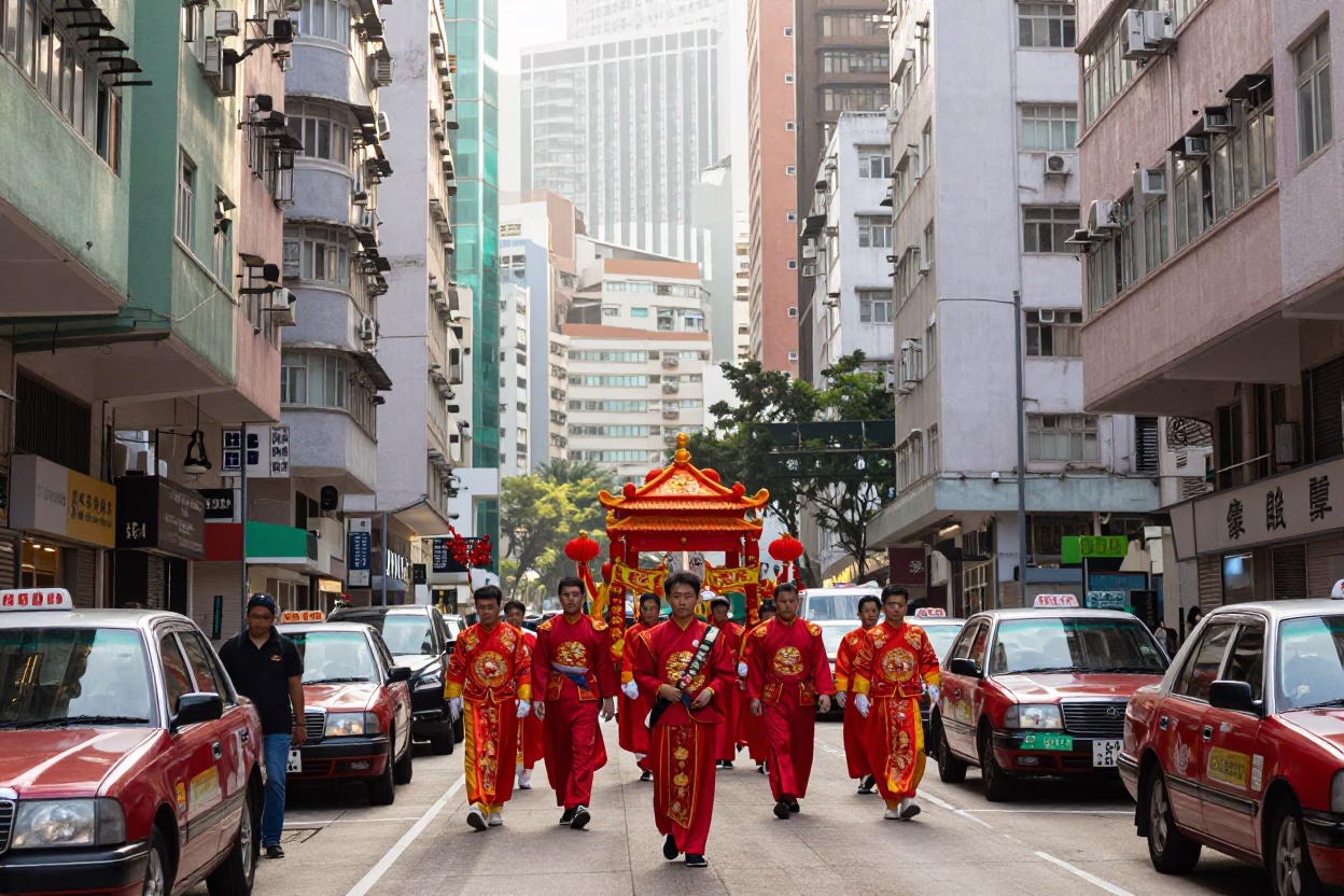 Hong Kong Morning Street Scene with Traditional Wedding Procession and Early Light in in Hong Kong, Hong Kong