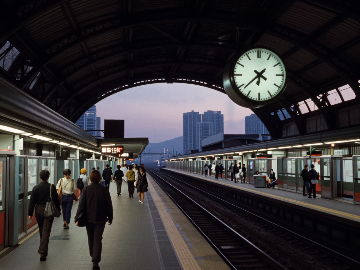 Hong Kong MTR Station Interior Before Dawn with Vintage Clock and Commuters in in Hong Kong, Hong Kong