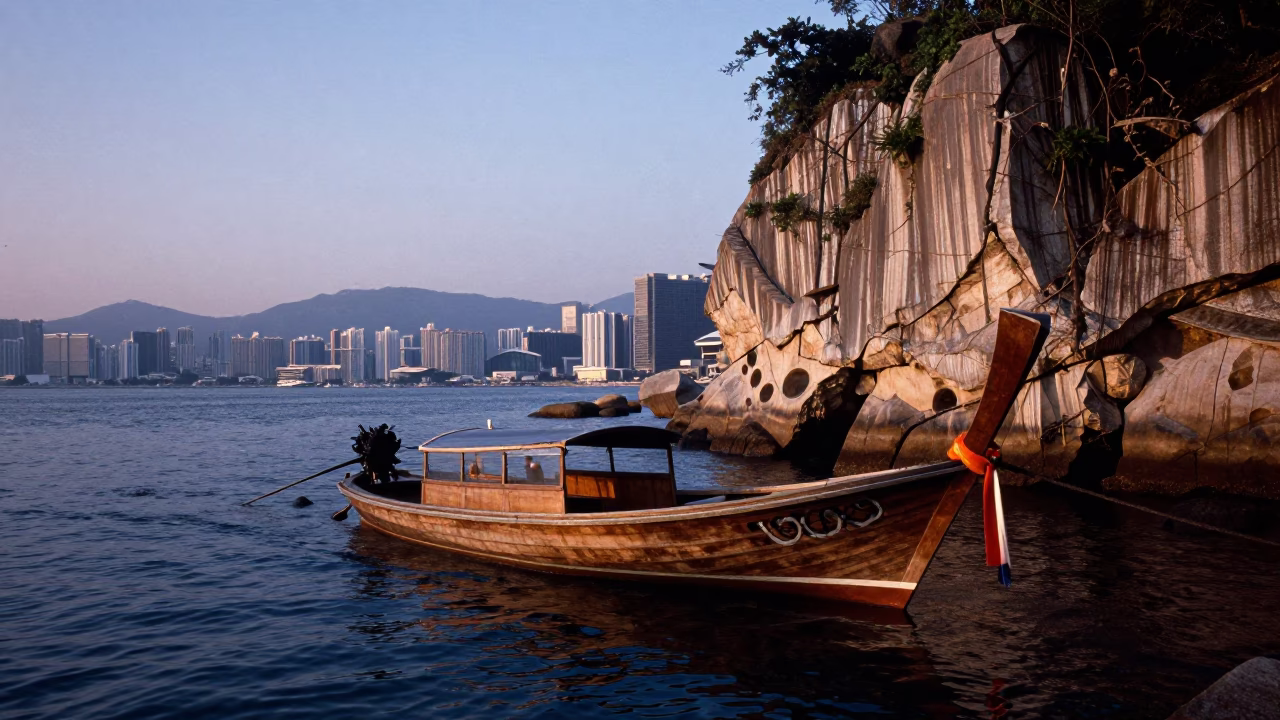 Hong Kong Nautical Dawn Longtail Boat Moored Against Limestone Cliff Coastal Scene in in Hong Kong, Hong Kong