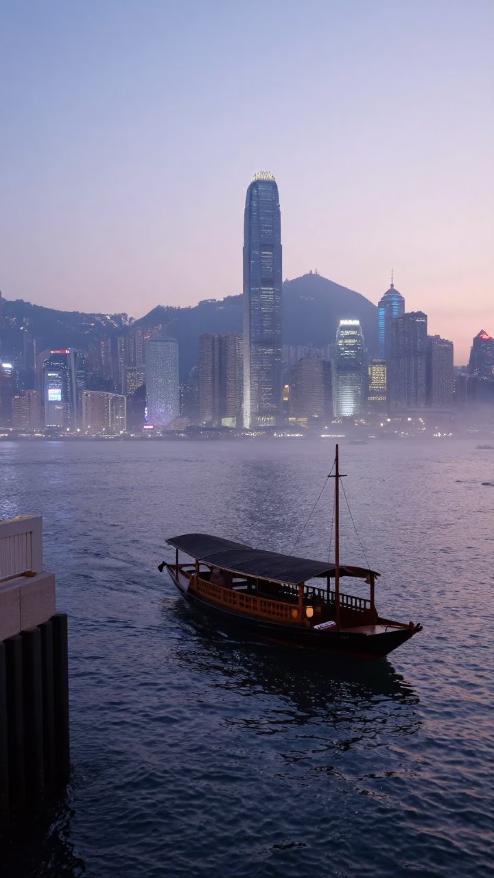 Hong Kong Nautical Dawn Sampan Misty River Urban Waterfront Scene in in Hong Kong, Hong Kong