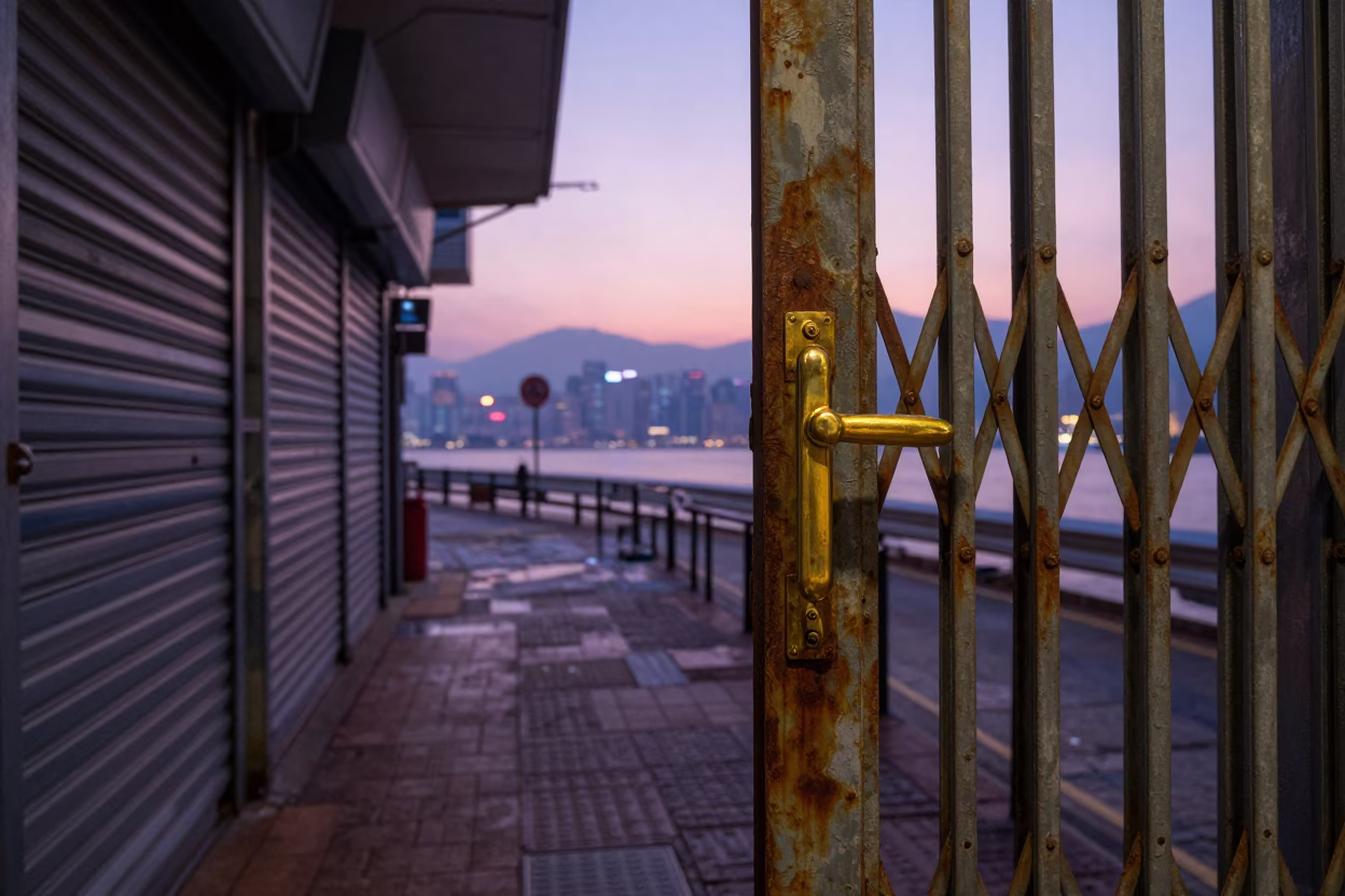 Hong Kong Nautical Dawn Street Scene with Gate Handle and Dish Brushes in in Hong Kong, Hong Kong