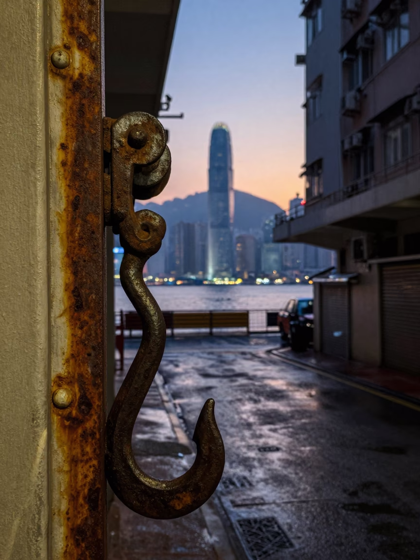 Hong Kong Nautical Dawn Street Scene with Iron Hook and Cargo Barge in in Hong Kong, Hong Kong