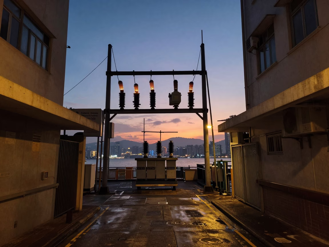 Hong Kong Nautical Dawn Street Scene with Substation Busbars Glowing Under Ice Blue Twilight in in Hong Kong, Hong Kong
