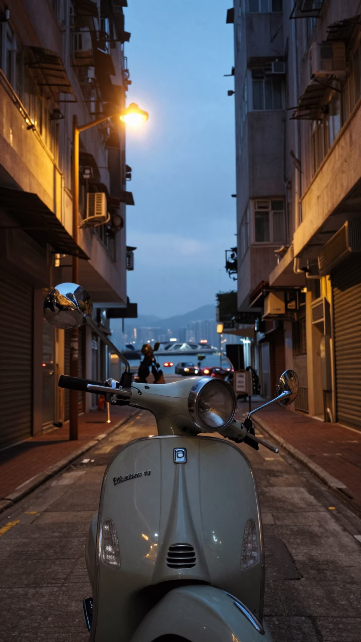 Hong Kong Nautical Dawn Street Scene with Vintage Vespa on Cobblestone Lane in in Hong Kong, Hong Kong