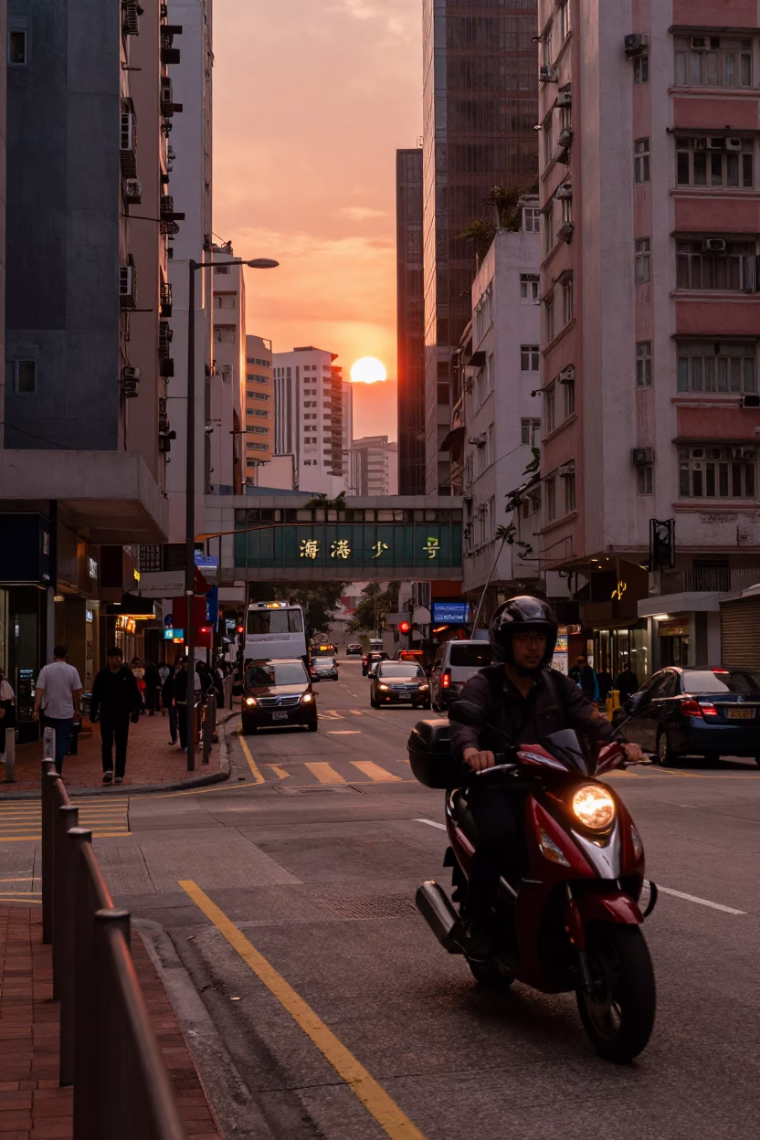 Hong Kong Neon Dusk Street Scene with Motorcycle and Urban Architecture in in Hong Kong, Hong Kong
