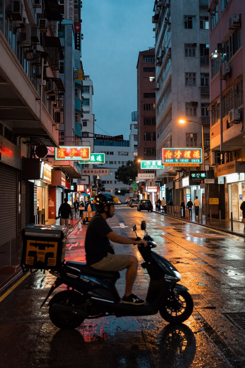 Hong Kong Neon Street Scene at Dusk with Delivery Scooter and Wet Pavement Reflections in in Hong Kong, Hong Kong