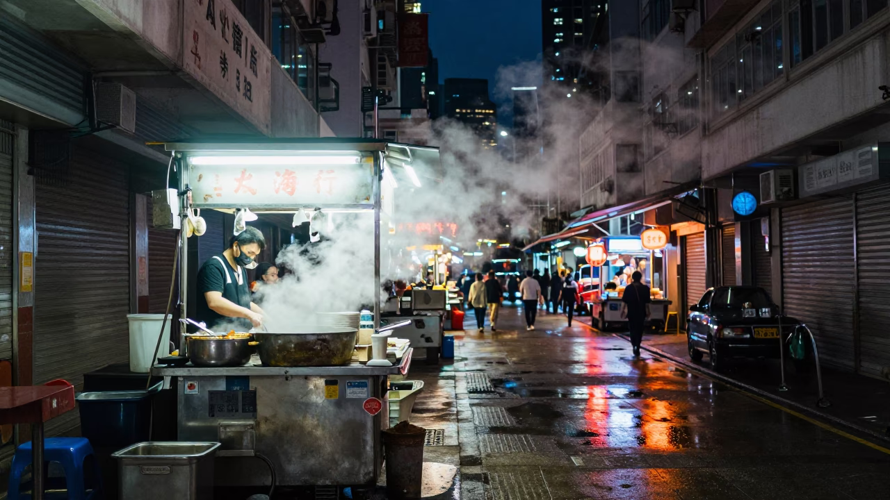 Hong Kong Night Market Alleyway Steam Vendor and Neon Reflections in in Hong Kong, Hong Kong