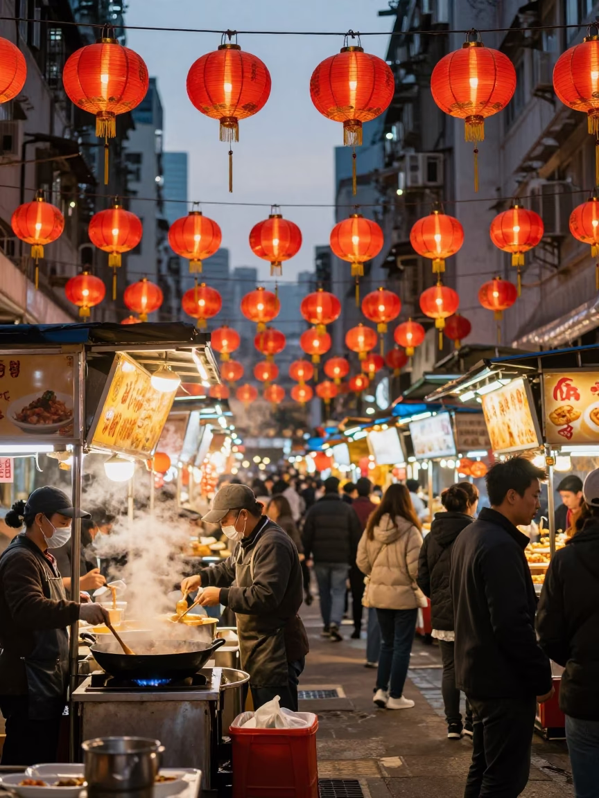 Hong Kong Night Market Lanterns and Steam in Honeyed Evening Light in in Hong Kong, Hong Kong