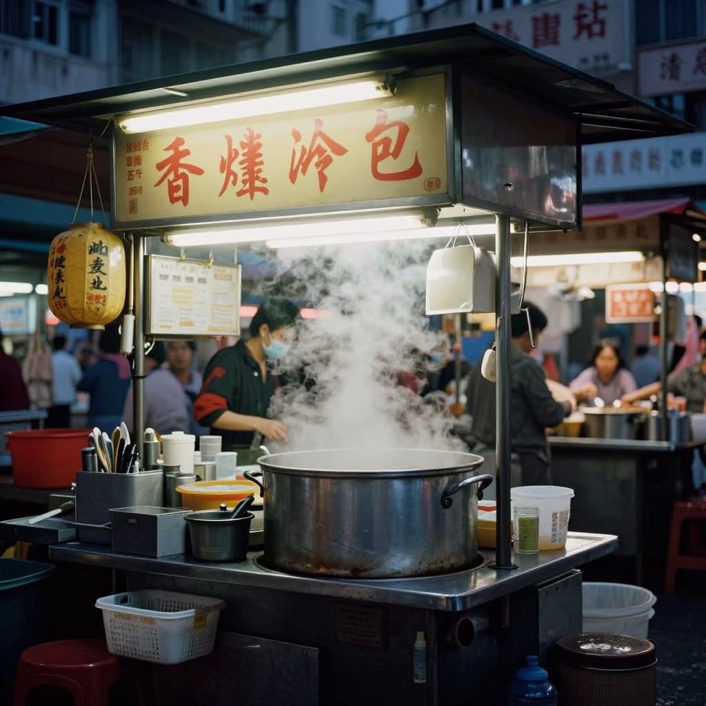 Hong Kong Night Market Stall Before Dawn with Steamboat and Ramen Bowl in in Hong Kong, Hong Kong