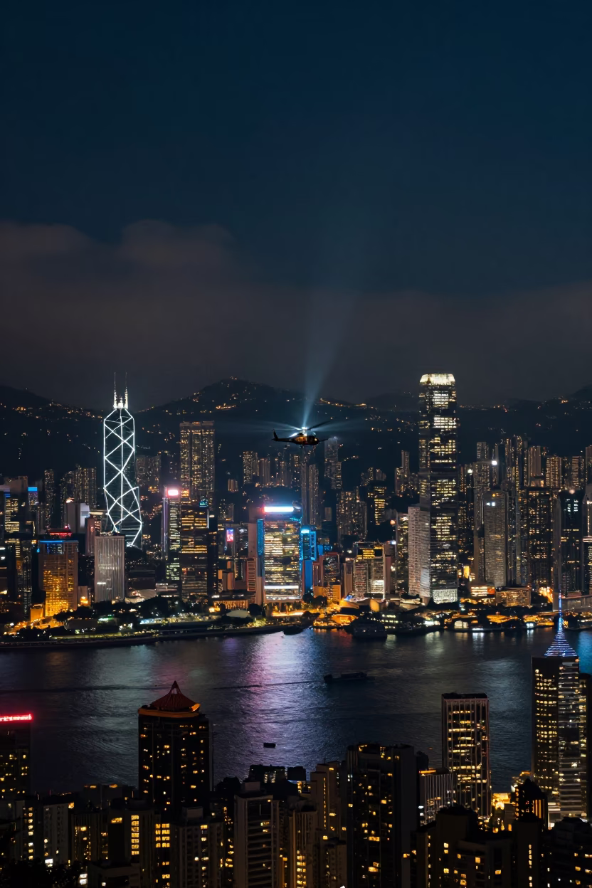 Hong Kong Night Skyline with Helicopter Takeoff and Urban Reflections in in Hong Kong, Hong Kong