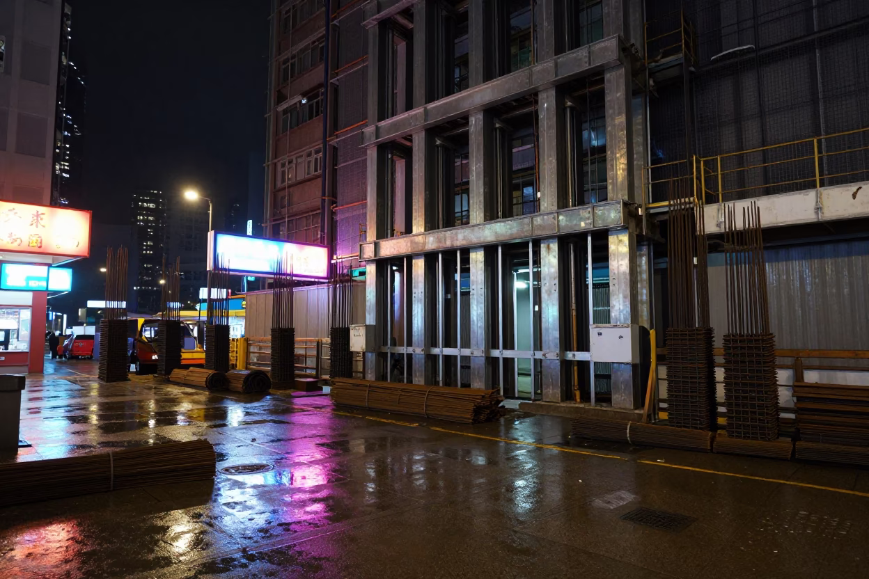 Hong Kong Night Street Construction Site With Rebar Bundles And Elevator Gate in in Hong Kong, Hong Kong