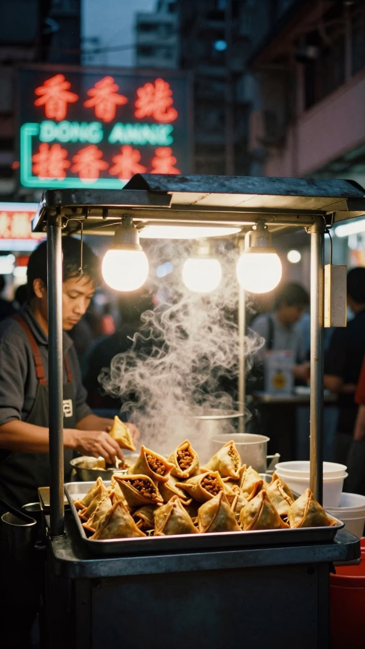 Hong Kong Night Street Food Stall with Sambusa and City Lights in in Hong Kong, Hong Kong