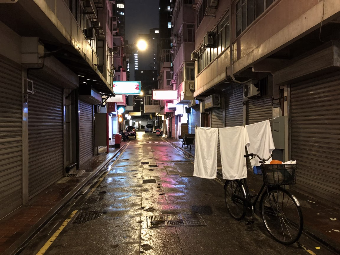 Hong Kong Night Street Scene with Bicycle Basket and Drying Rack in in Hong Kong, Hong Kong