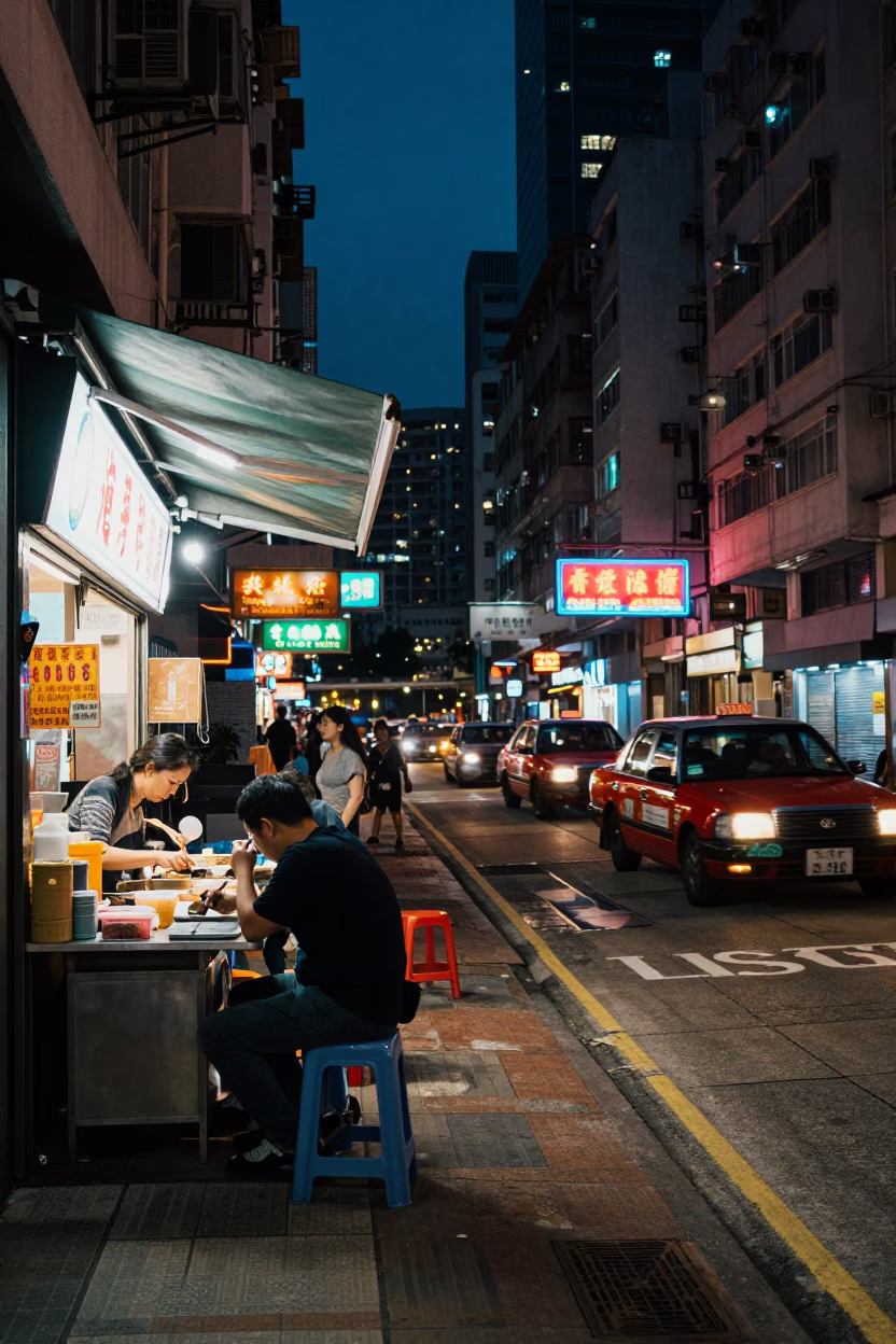 Hong Kong Night Street Scene with Neon Lights and Local Dining Elements in in Hong Kong, Hong Kong