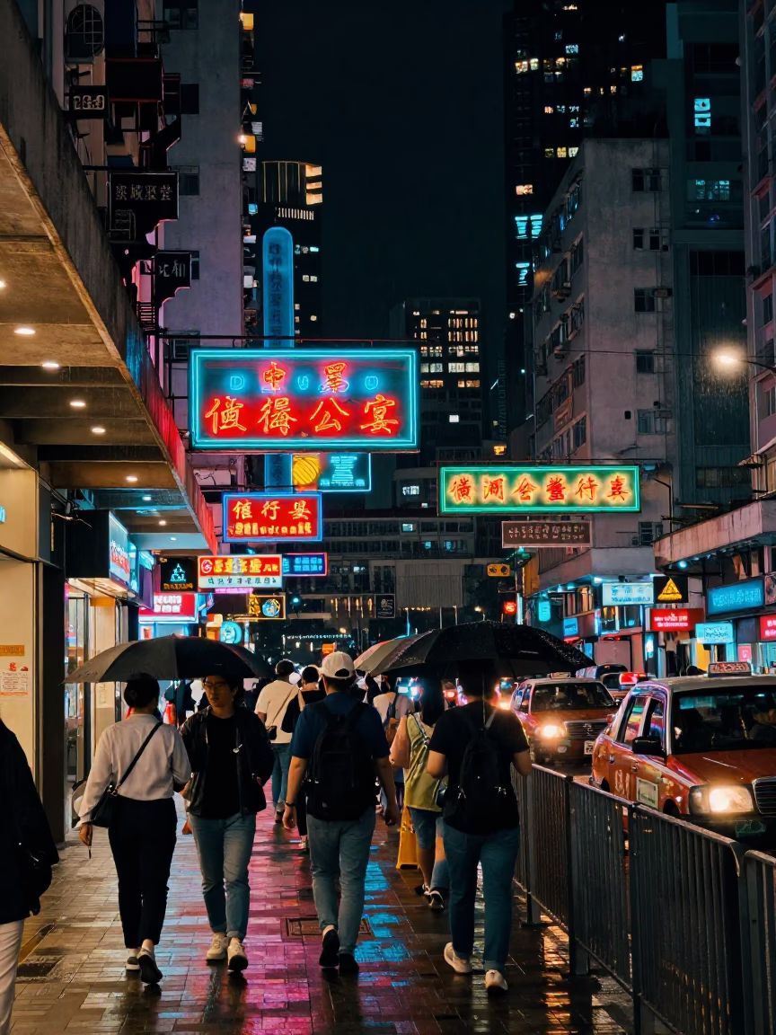 Hong Kong Night Street Scene with Neon Lights and Urban Life in in Hong Kong, Hong Kong