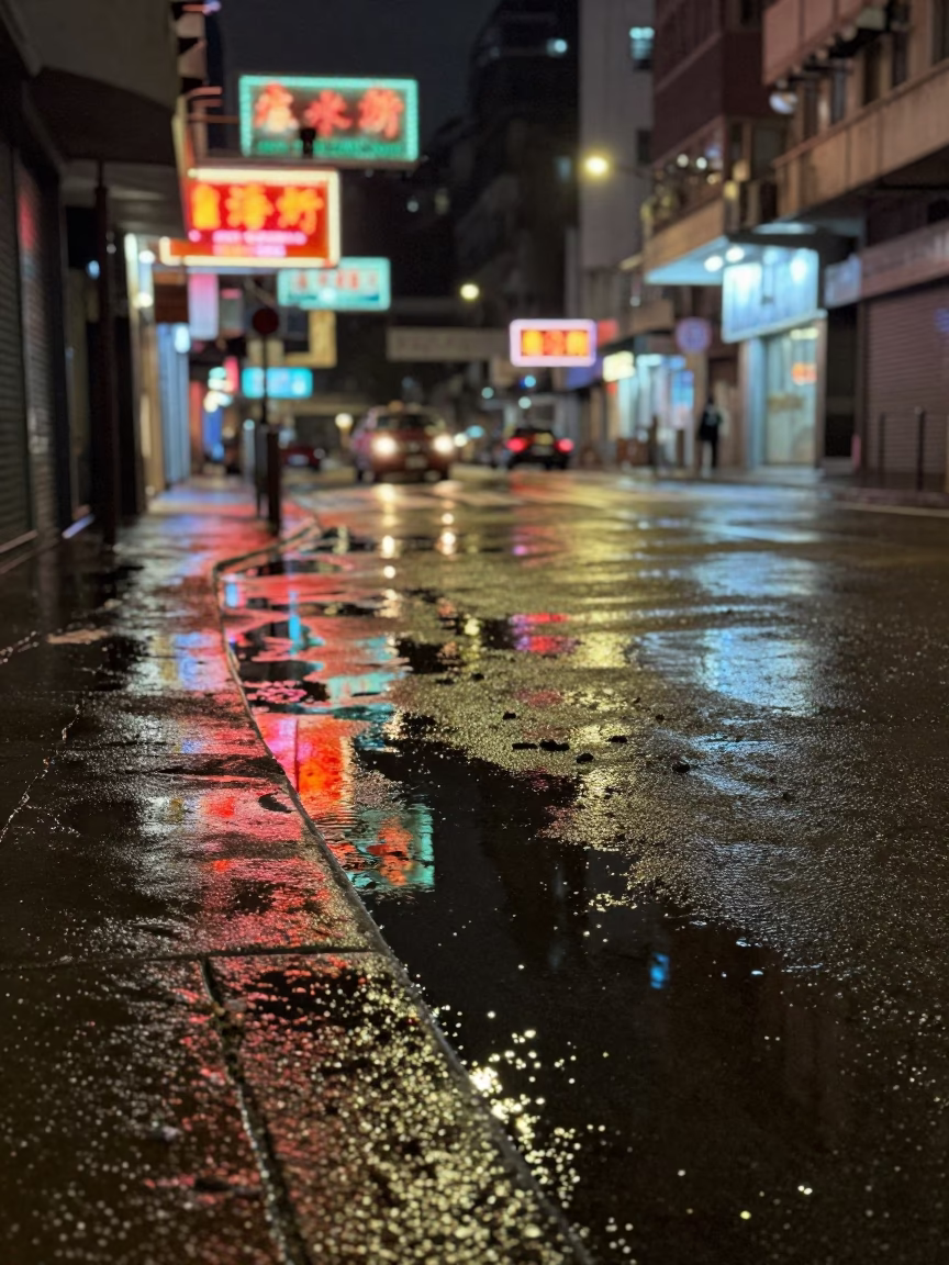 Hong Kong Night Street Scene with Oil-Sheen Puddle and Distant Skyscrapers in in Hong Kong, Hong Kong