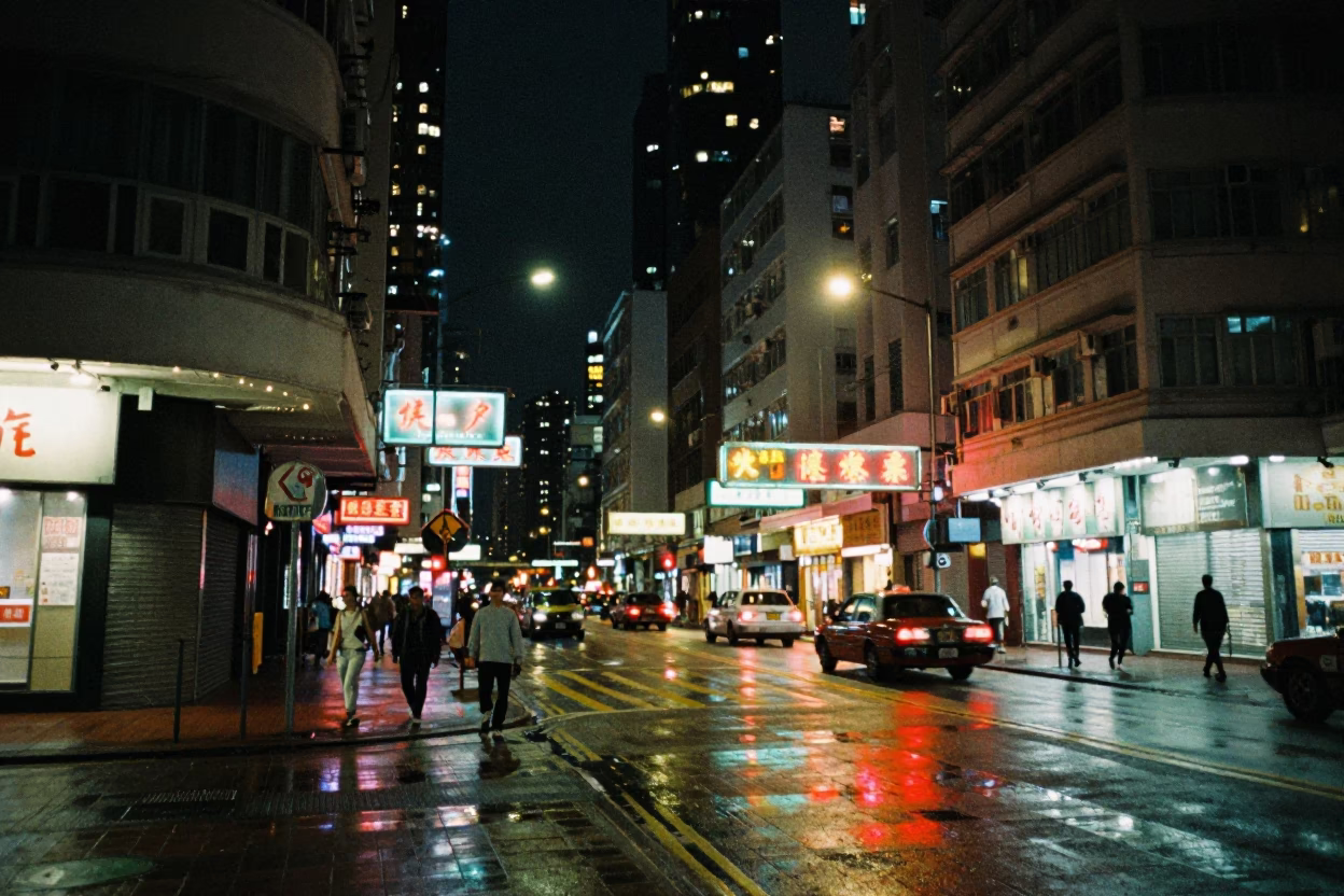 Hong Kong Night Street Scene with Outdoor Cinema and Street Food Vendor in in Hong Kong, Hong Kong