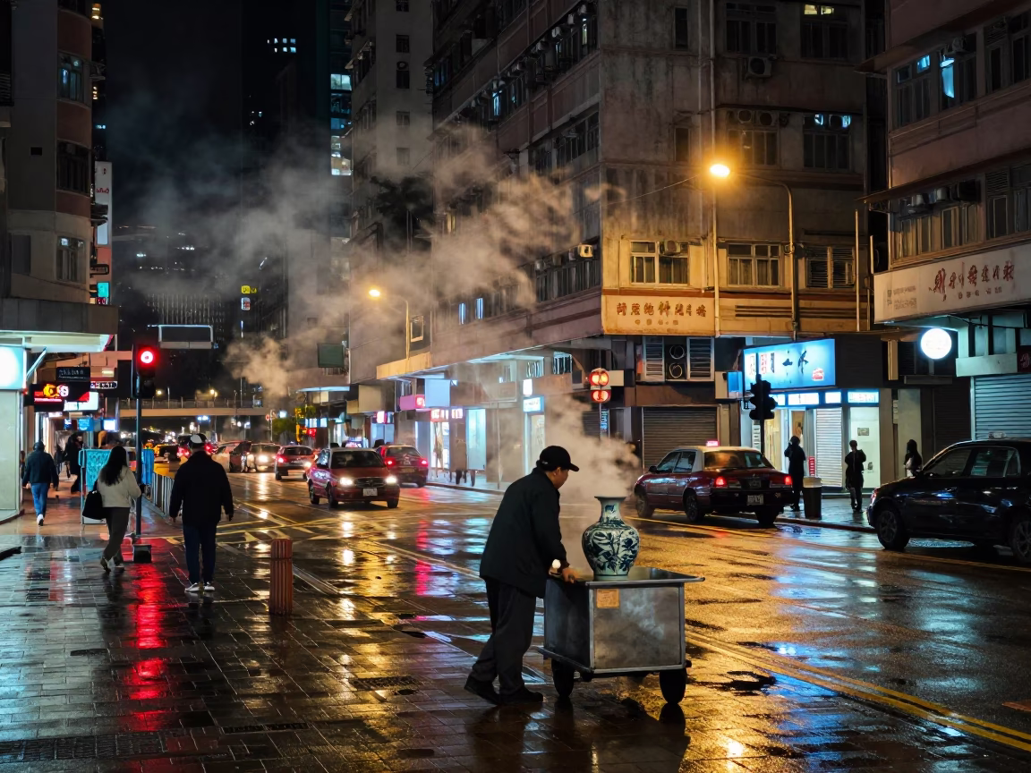 Hong Kong Night Street Scene with Steam Haze and Ceramic Bowl on Vendor Cart in in Hong Kong, Hong Kong