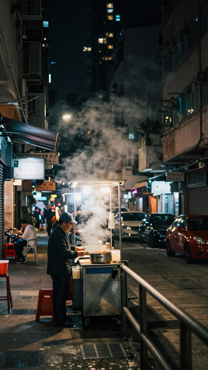 Hong Kong Night Street Scene with Steam Haze and Urban Infrastructure in in Hong Kong, Hong Kong