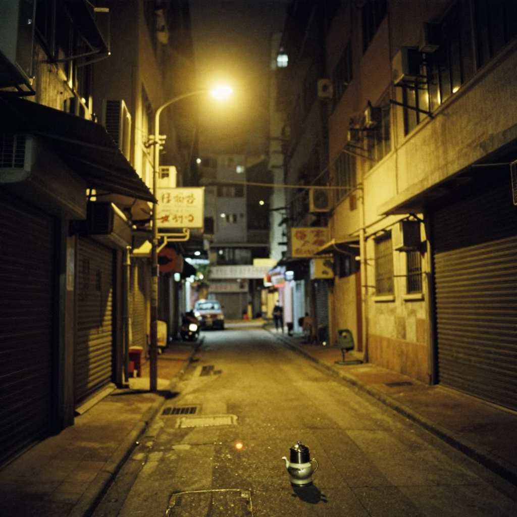 Hong Kong Night Street Scene with Tea Canister and Urban Decay in in Hong Kong, Hong Kong
