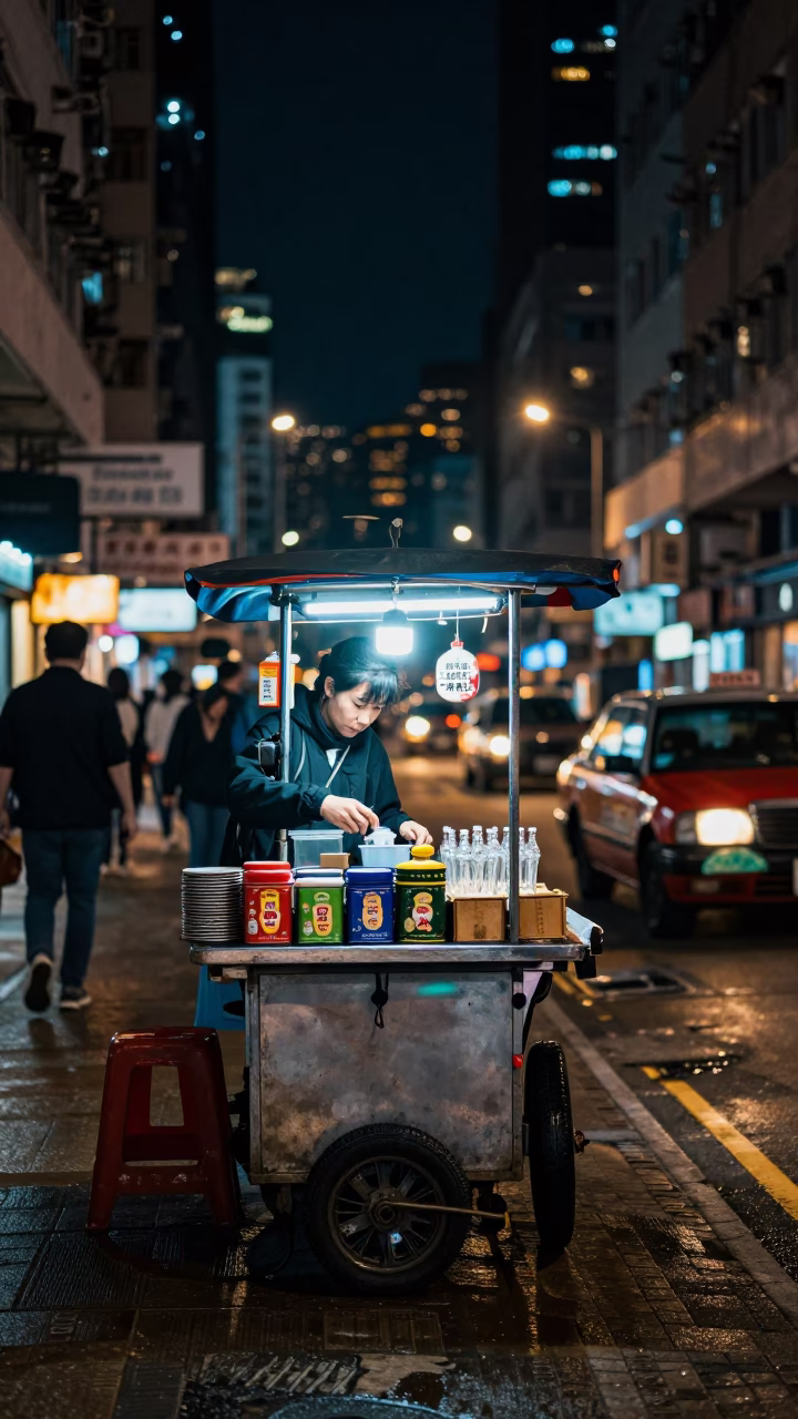 Hong Kong Night Street Scene with Tiffin Tin and Glass Carafe Under Deep Sky in in Hong Kong, Hong Kong