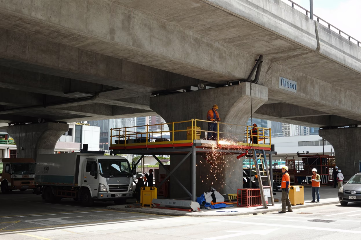 Hong Kong Noon Construction Welding Sparks Under Bridge Platform with Urban Density in in Hong Kong, Hong Kong