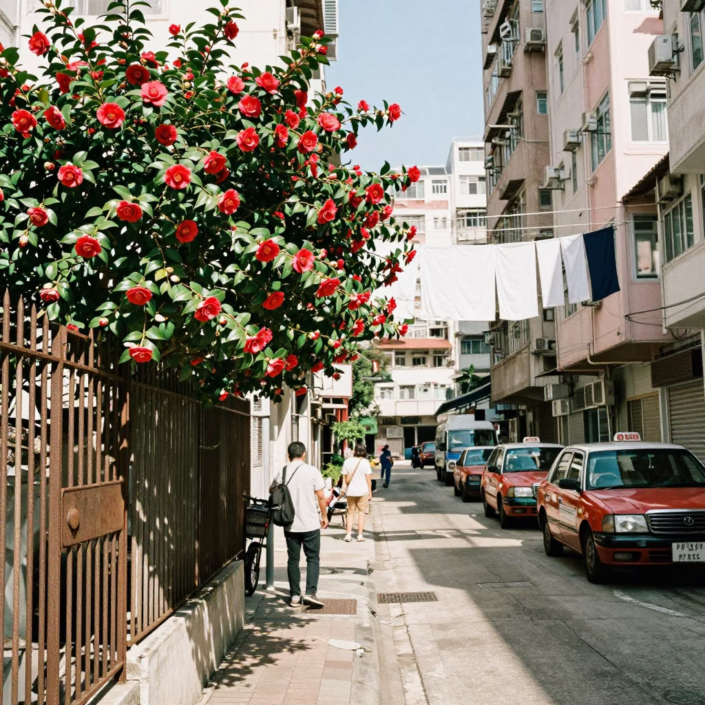 Hong Kong Noon Street Scene with Camellia and Laundry Lines in in Hong Kong, Hong Kong