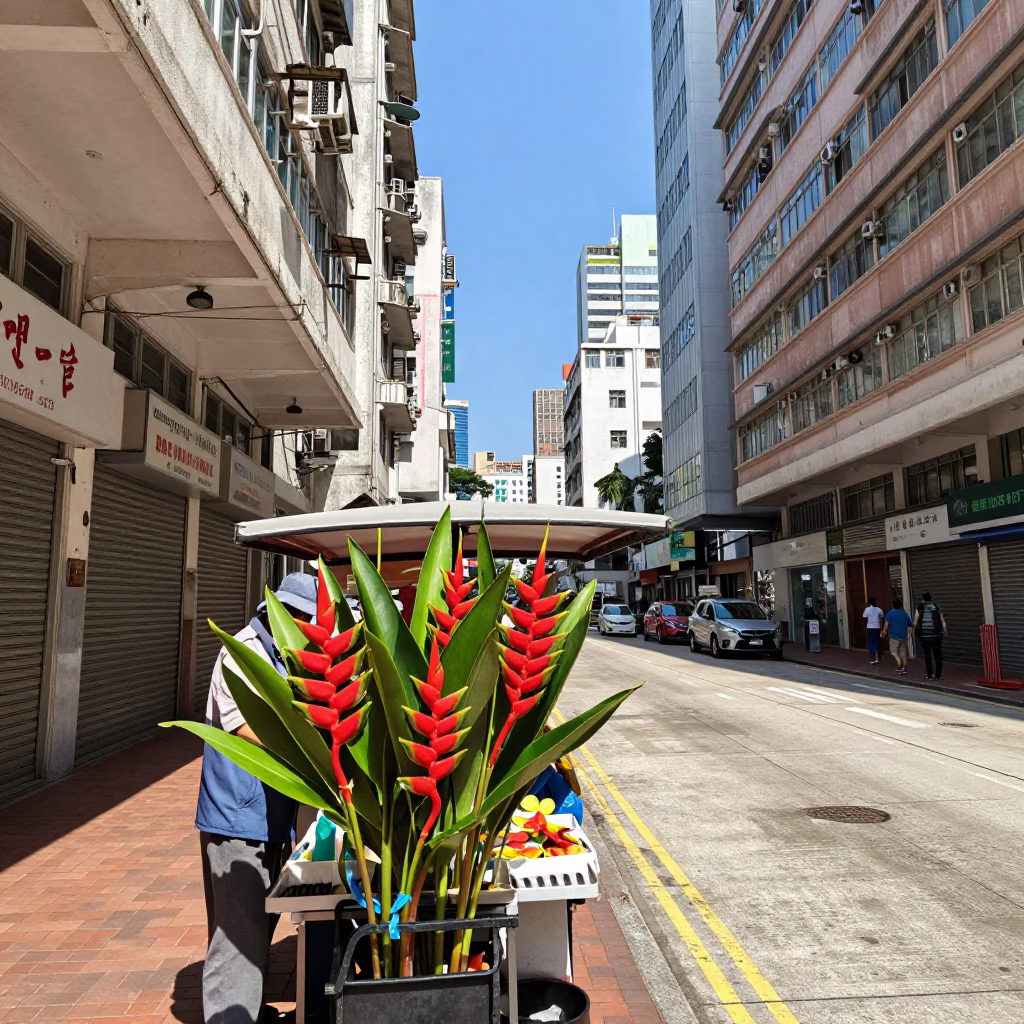 Hong Kong Noon Street Scene with Heliconia and Urban Details in in Hong Kong, Hong Kong