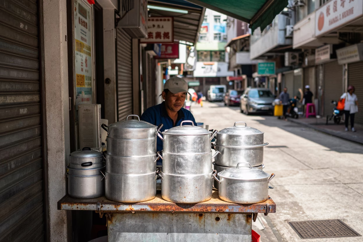 Hong Kong Noon Street Scene with Rusty Grout and Grease Sheen on Pot Lid in in Hong Kong, Hong Kong
